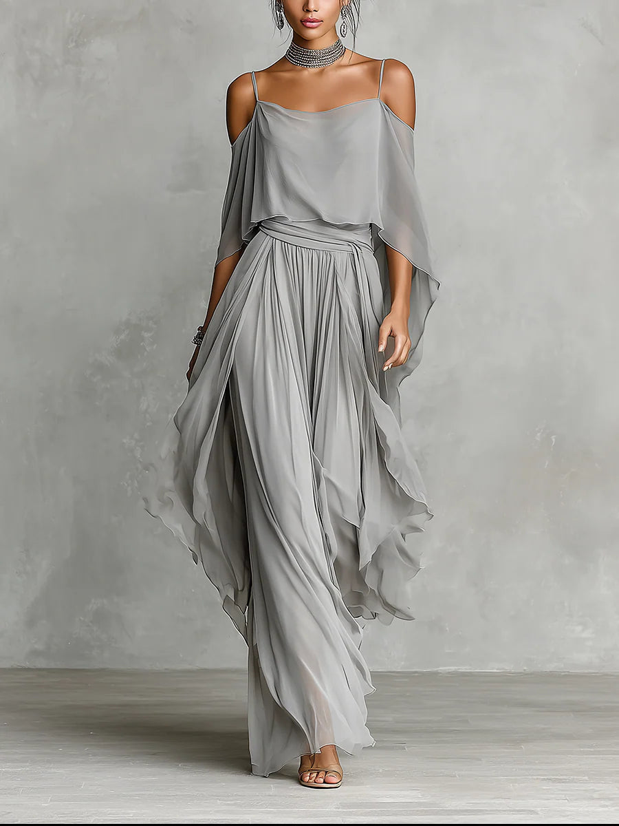 Off-Shoulder Blouse and Gray Chiffon Pants Set