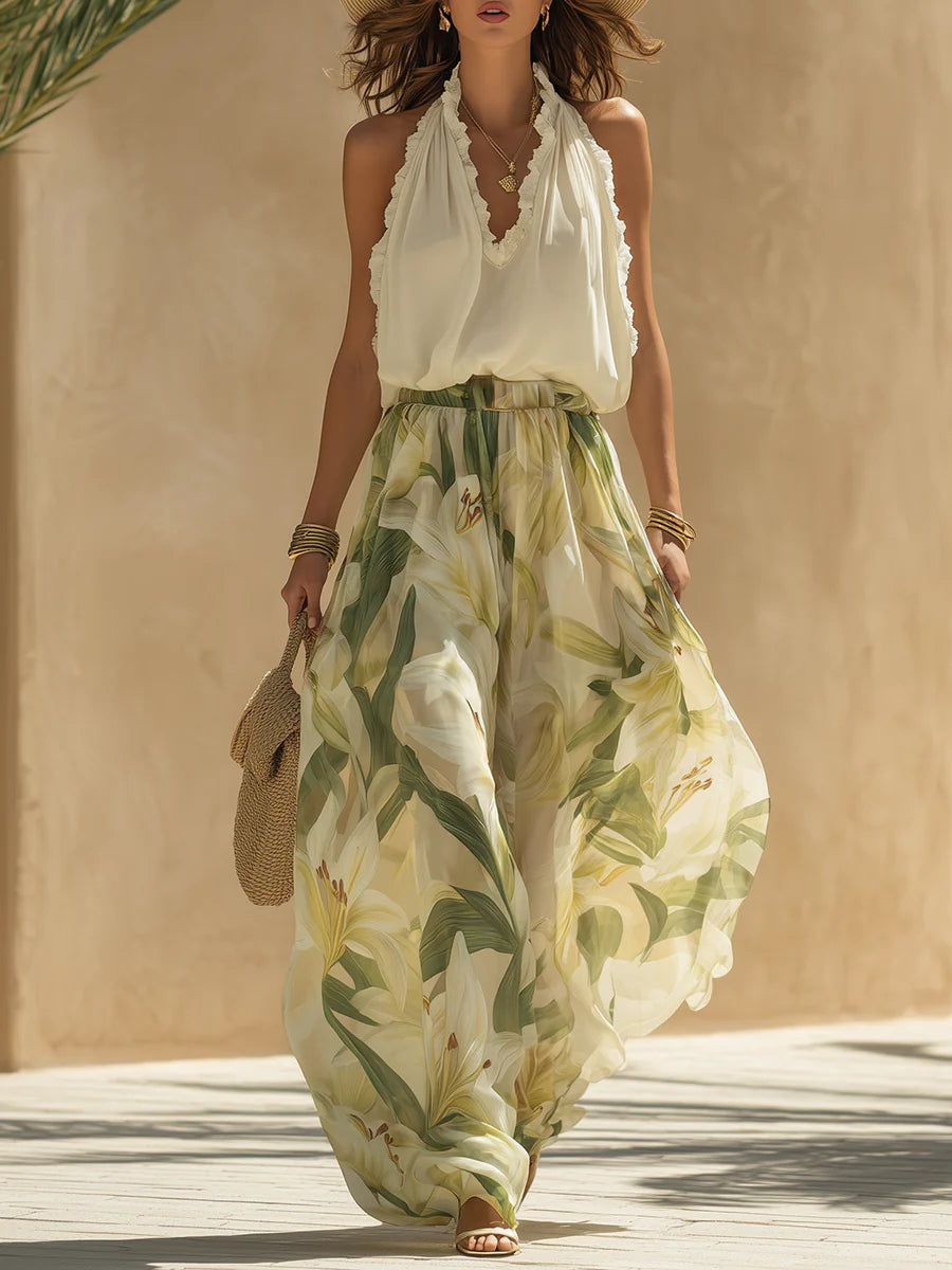 Chiffon Ruffle Sleeveless Top Set with Lily Print Pants