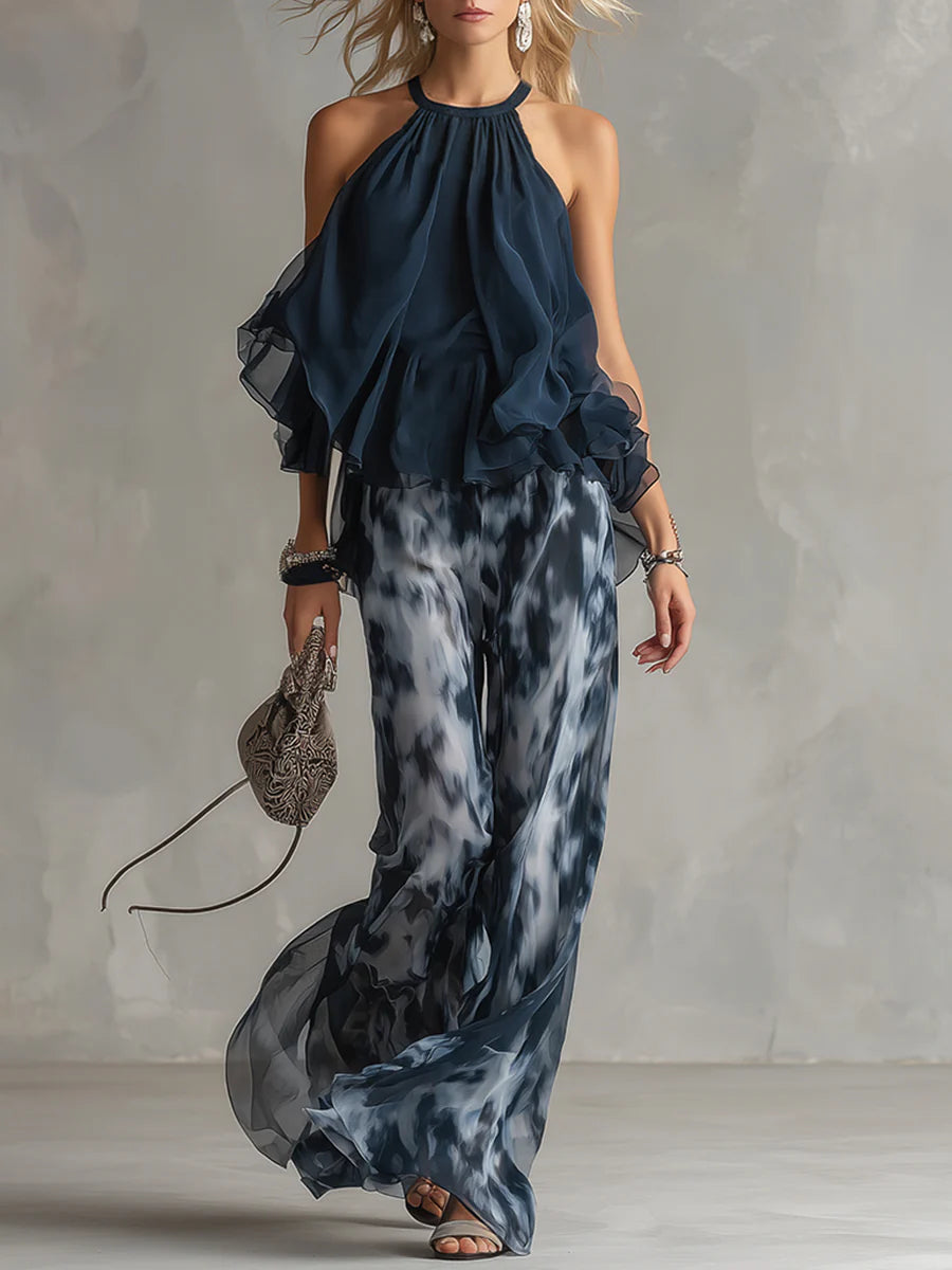 Navy Blue Chiffon Halter Top Set with Printed Wide Leg Pants