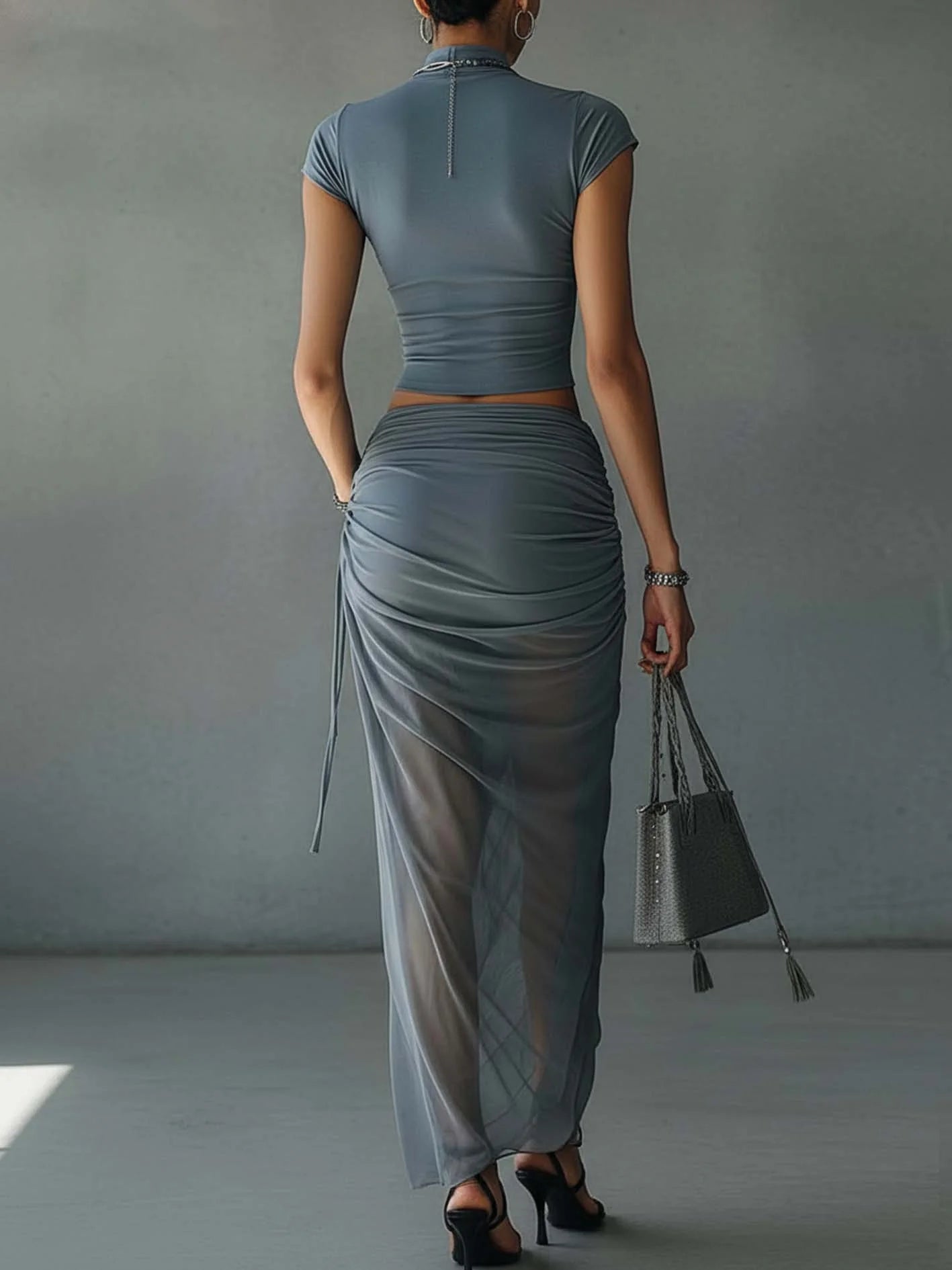 Blue Short Sleeve Top and Sheer Draped Mesh Skirt Set