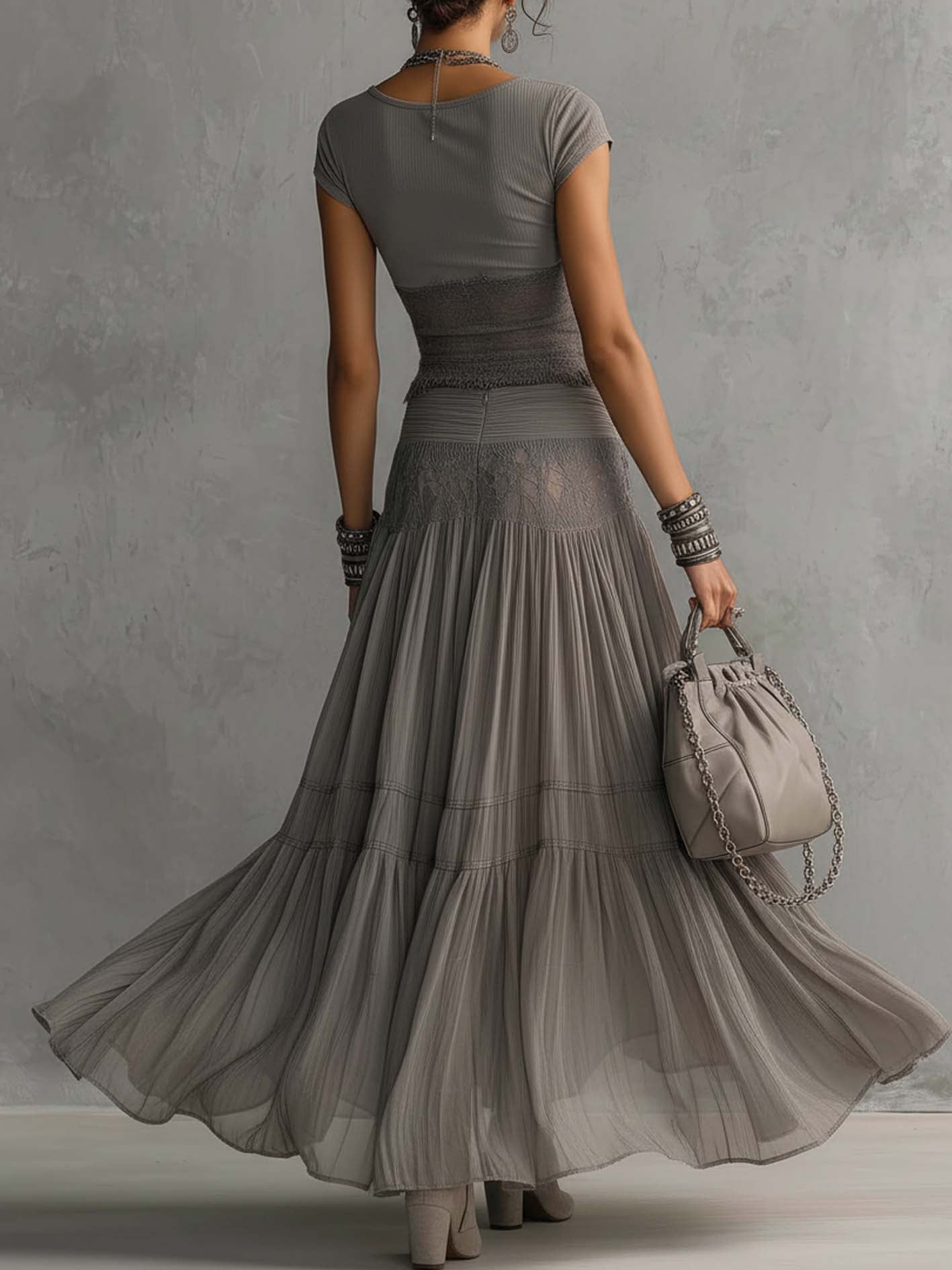 Gray Sheer Lace Top and Pleated Maxi Skirt Set