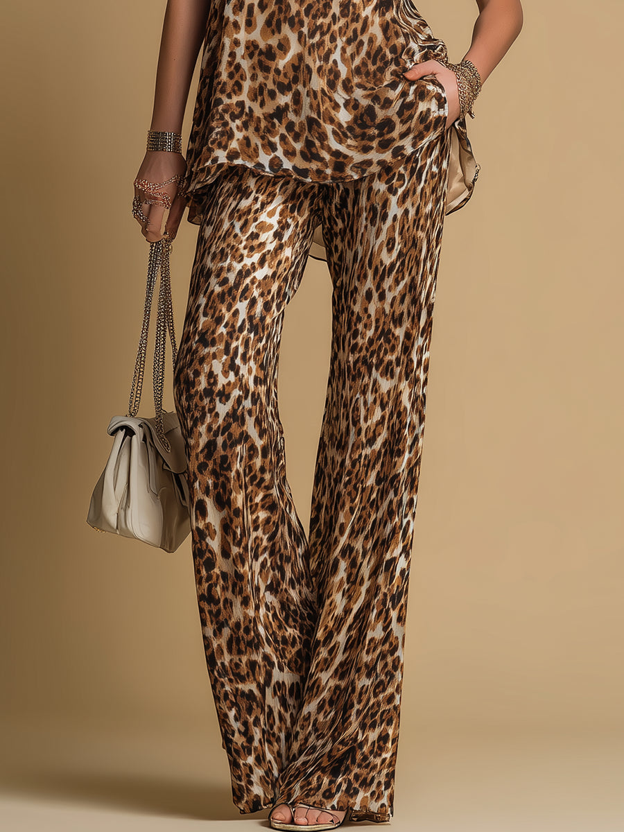 Chiffon Sleeveless Leopard Print Top Set with Flared Pants