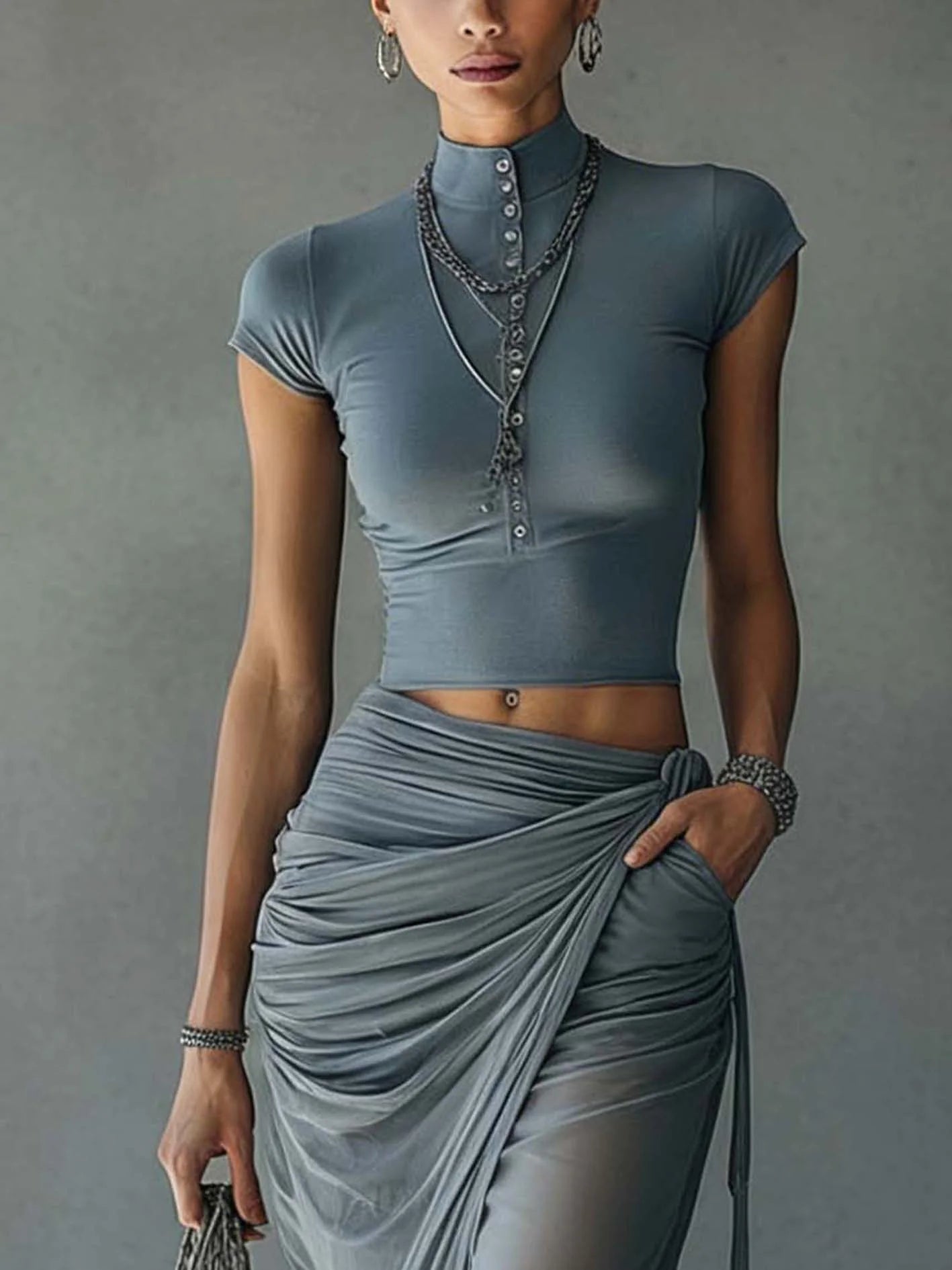 Blue Short Sleeve Top and Sheer Draped Mesh Skirt Set