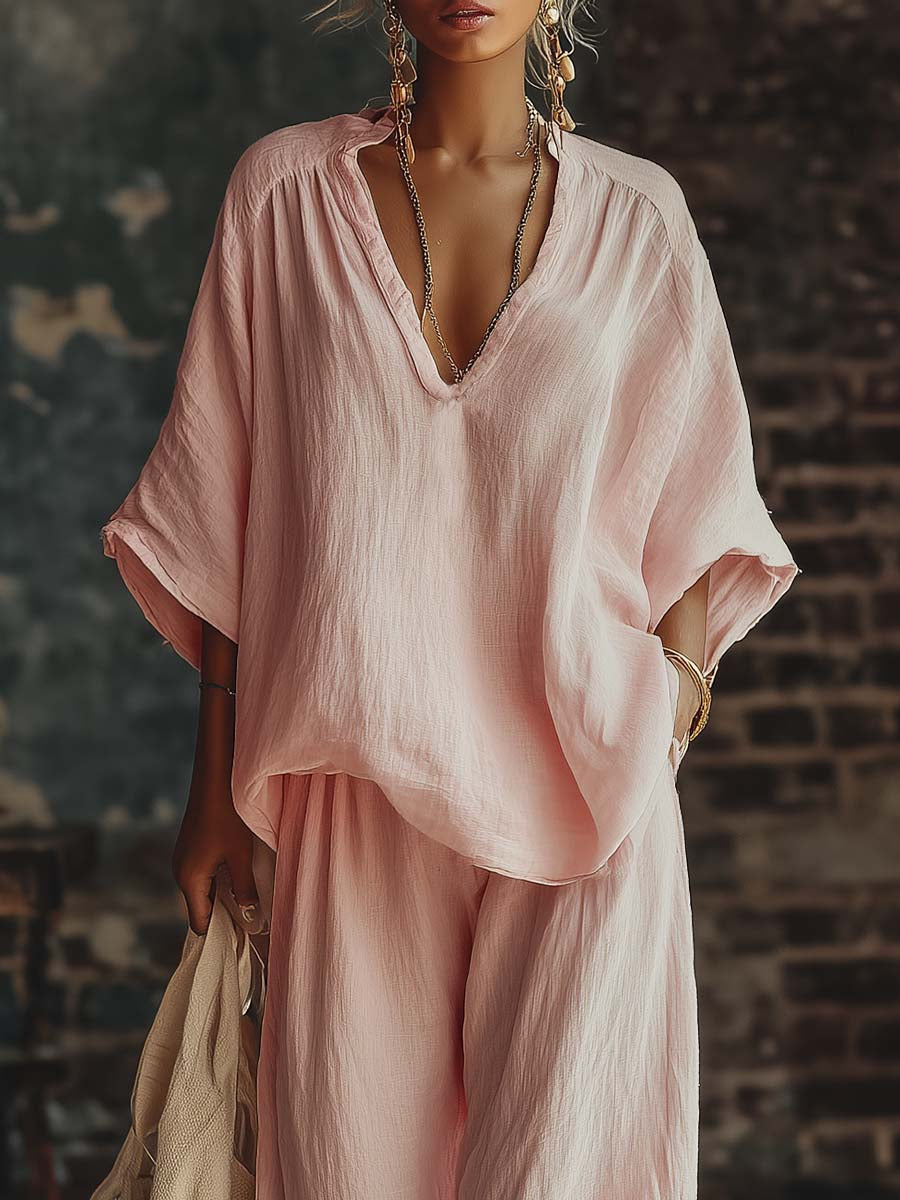 Casual Pink Shirt Set with V-Neck and Pants