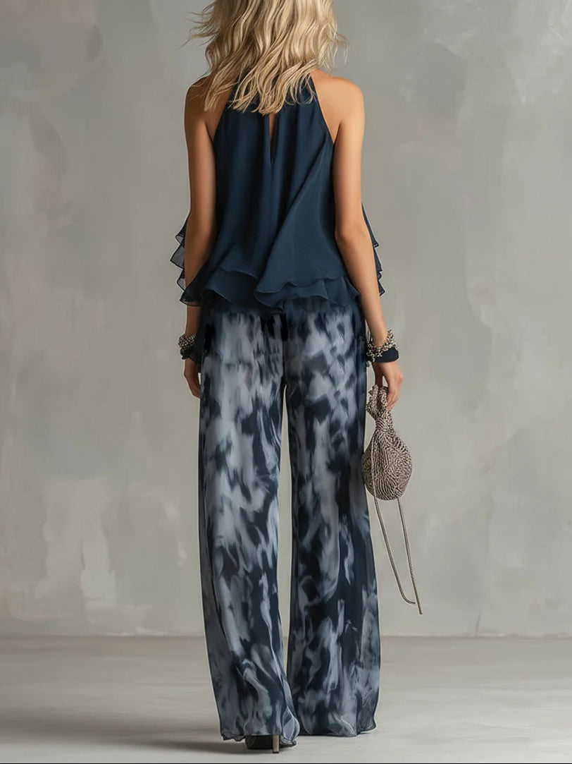 Navy Blue Chiffon Halter Top Set with Printed Wide Leg Pants