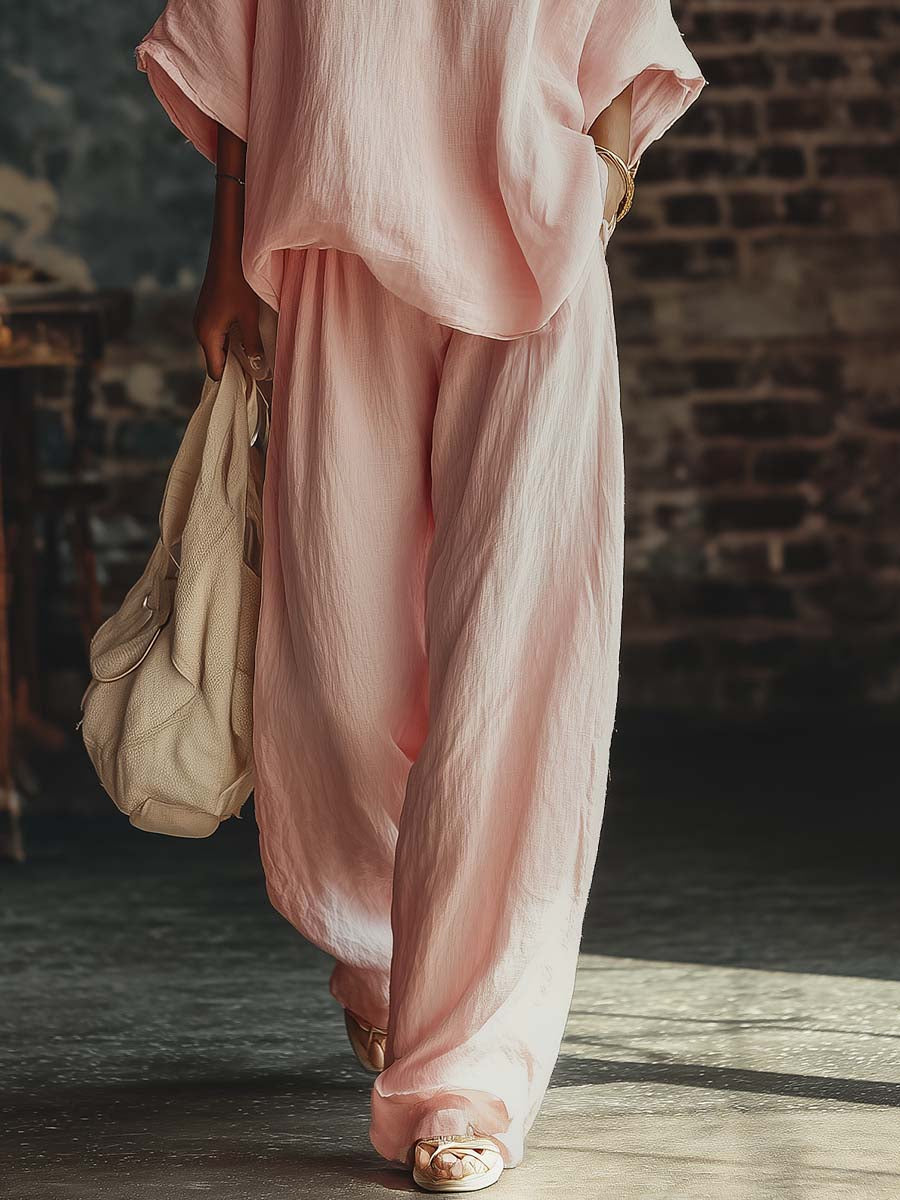Casual Pink Shirt Set with V-Neck and Pants