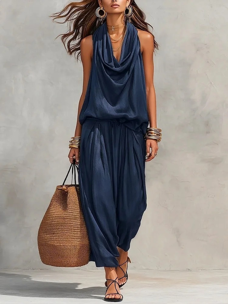 Sleeveless Halter Neck Top and Pleated Pants Set