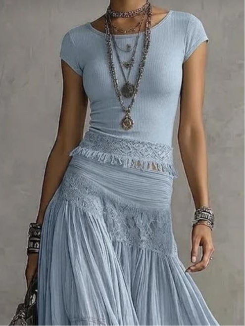 LACE TOP SET WITH PANEL AND MAXI PLEATED SKIRT