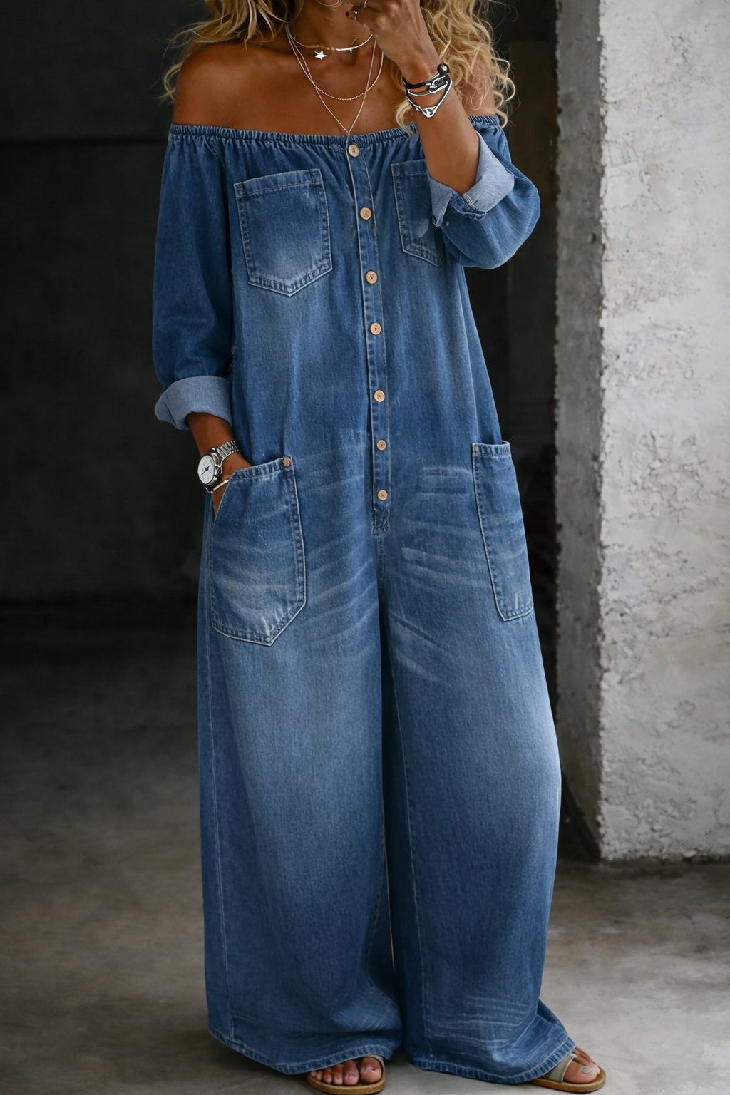 ELENA | OFF-SHOULDER DENIM JUMPSUIT FOR WOMEN
