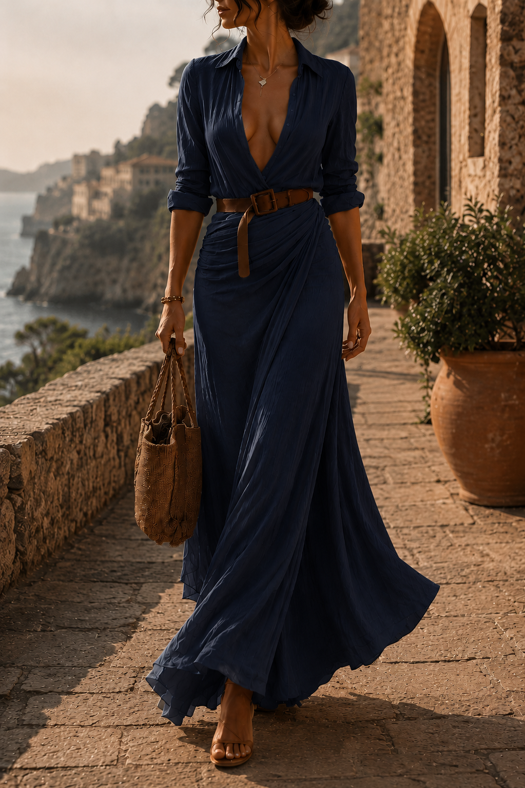 Long Draped Dress with Belt