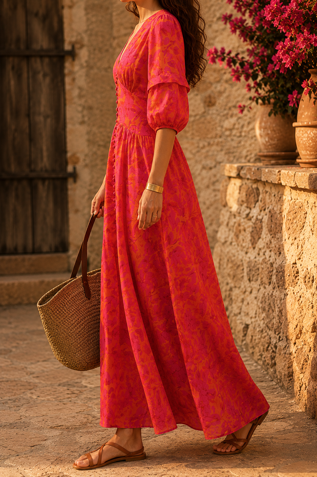 Long Resort Chic Dress in Pink and Orange