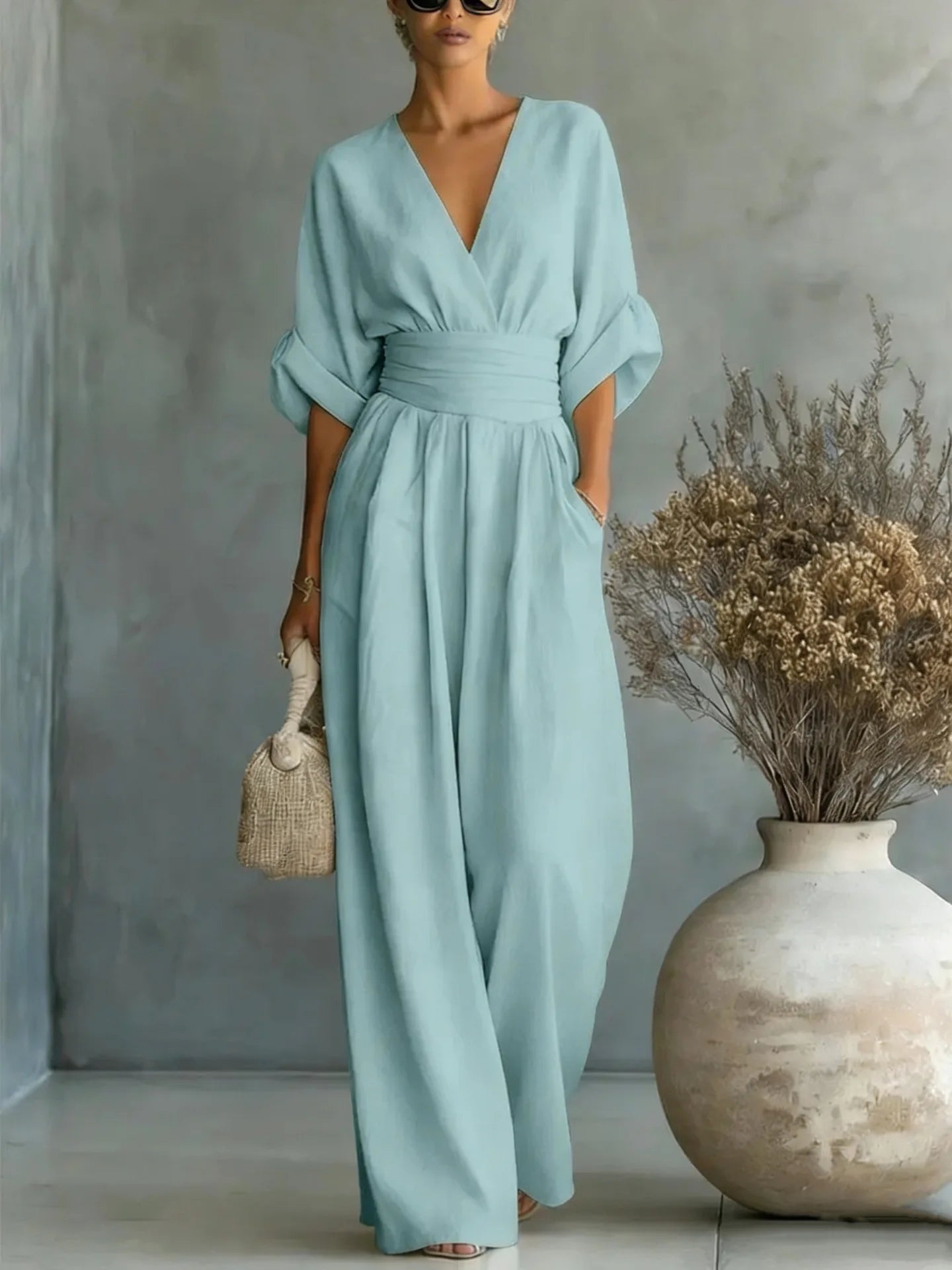 GRAINNE – ELEGANT WAISTED V-NECK JUMPSUIT
