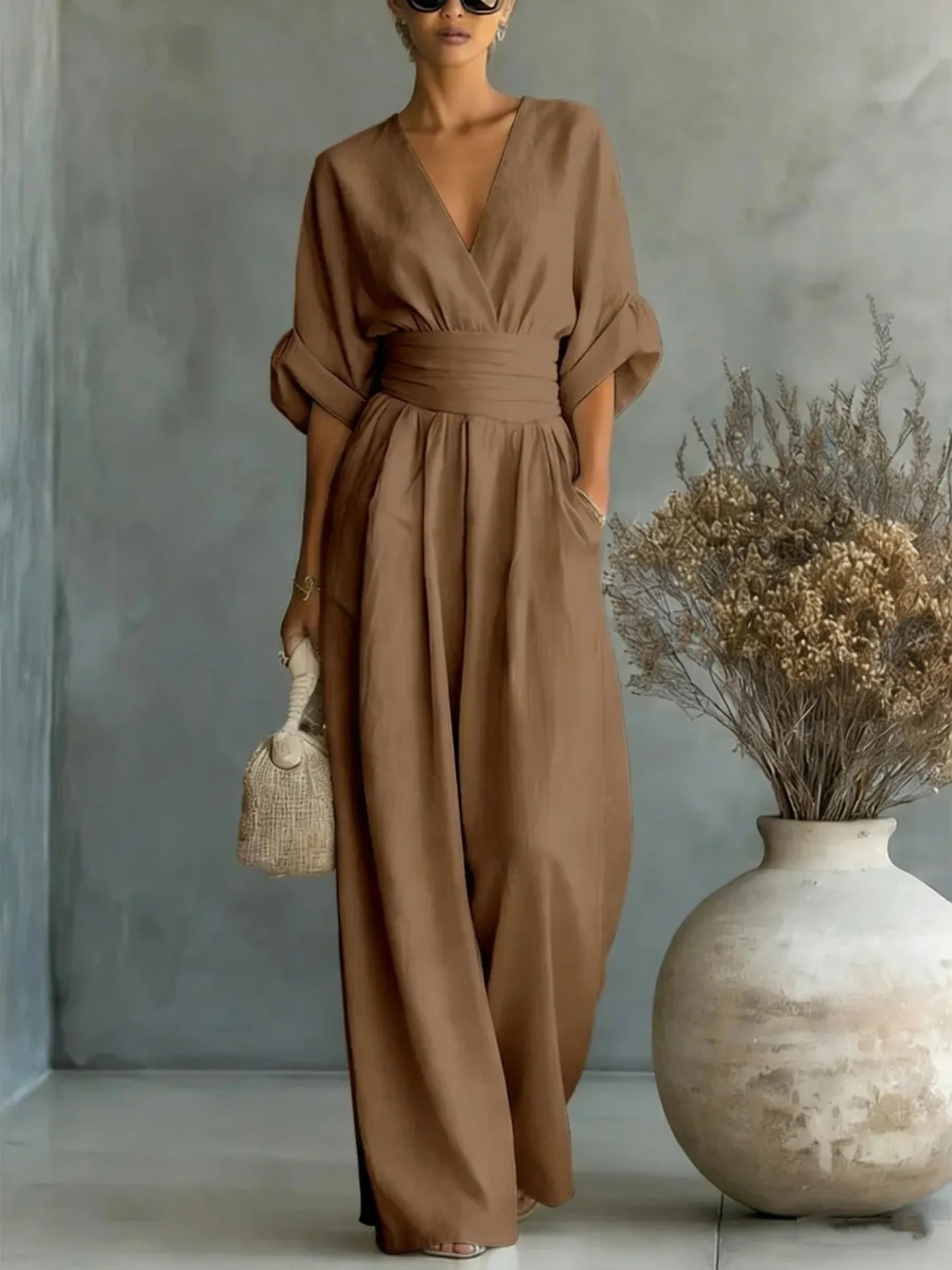 GRAINNE – ELEGANT WAISTED V-NECK JUMPSUIT