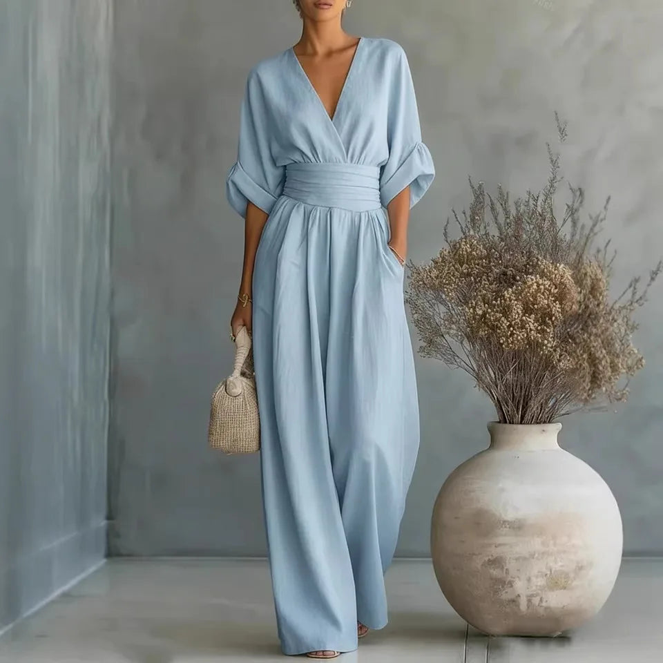 GRAINNE â ELEGANT WAISTED V-NECK JUMPSUIT