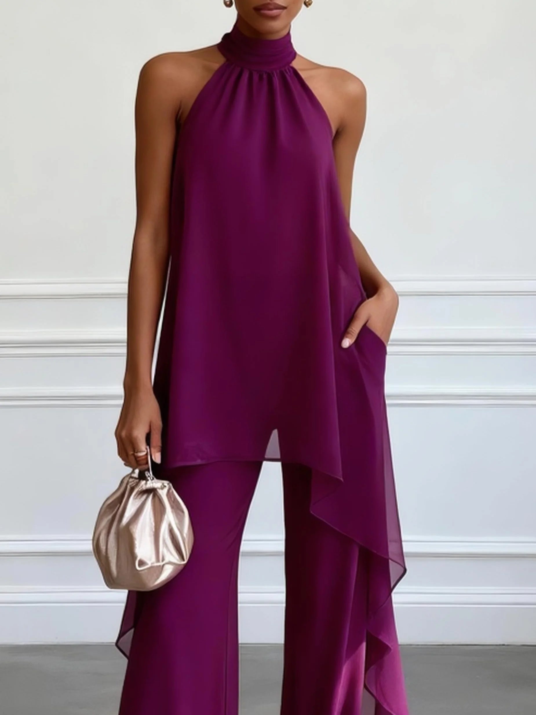 Elegant Sleeveless Purple Top Set with Pants