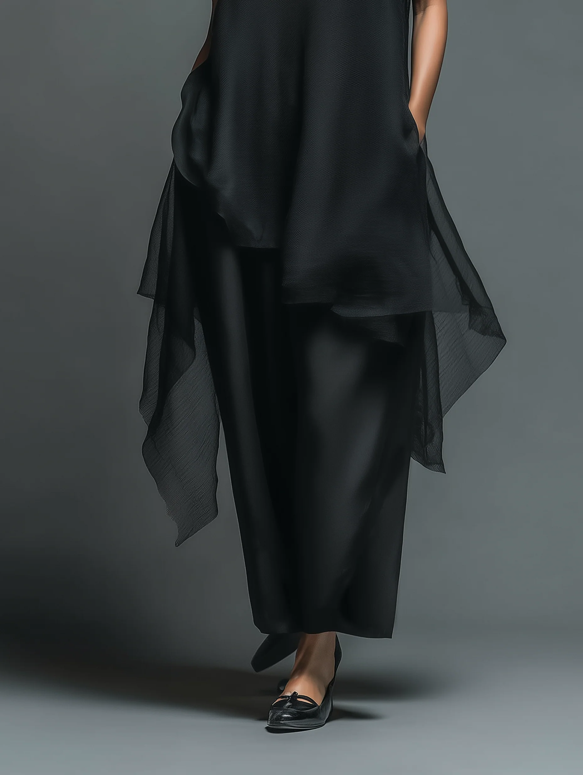 Black Minimalist Long Dress Made of Imitation Acetate Fiber, Combined with a Chiffon Cover-Up - Two-Piece Set