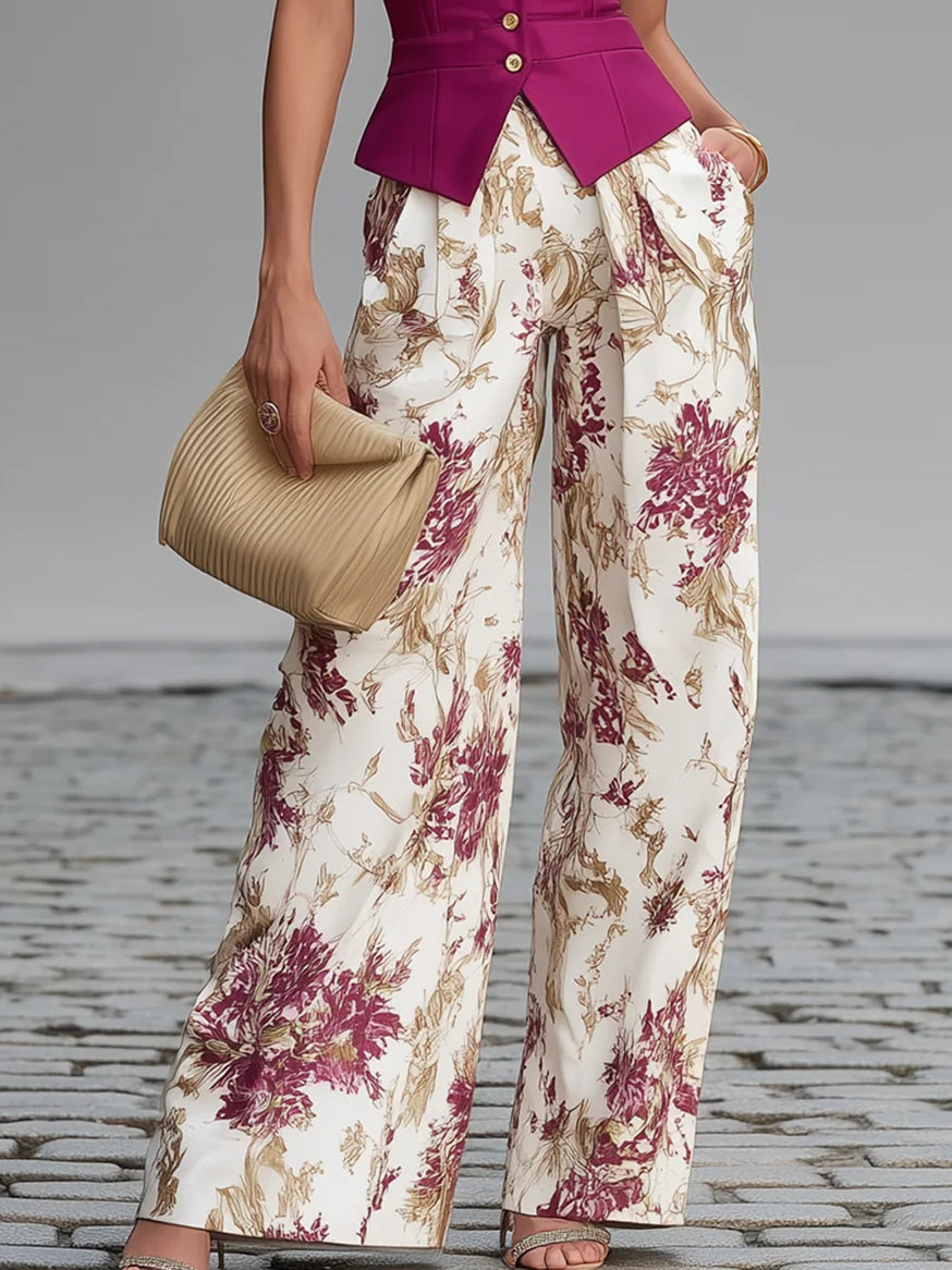 Light Pink Sleeveless Vest Set with Wide Floral Print Pants