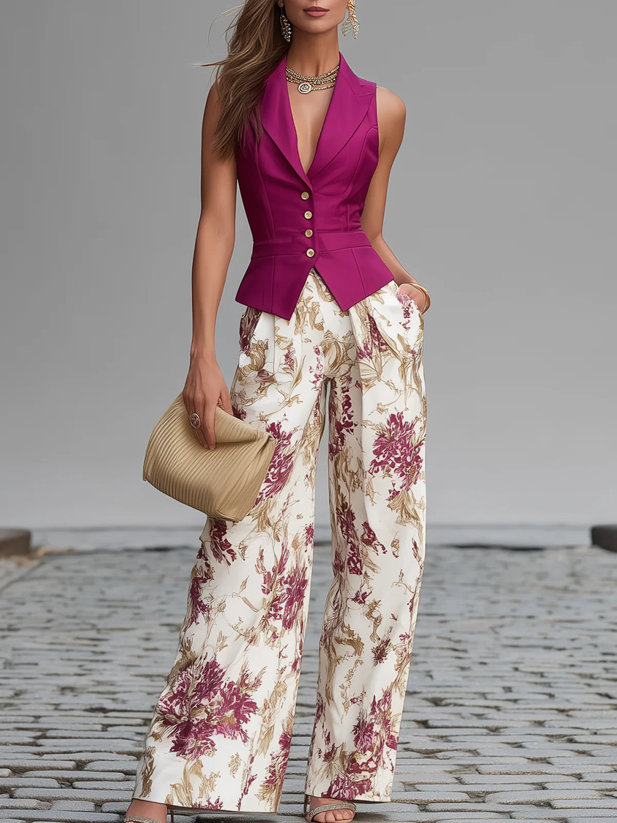 Light Pink Sleeveless Vest Set with Wide Floral Print Pants