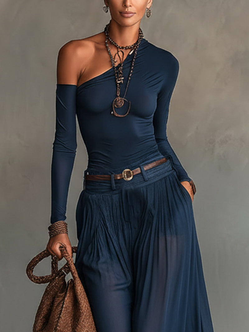 Set of two pieces: asymmetric navy blue top and transparent tulle skirt (with belt)