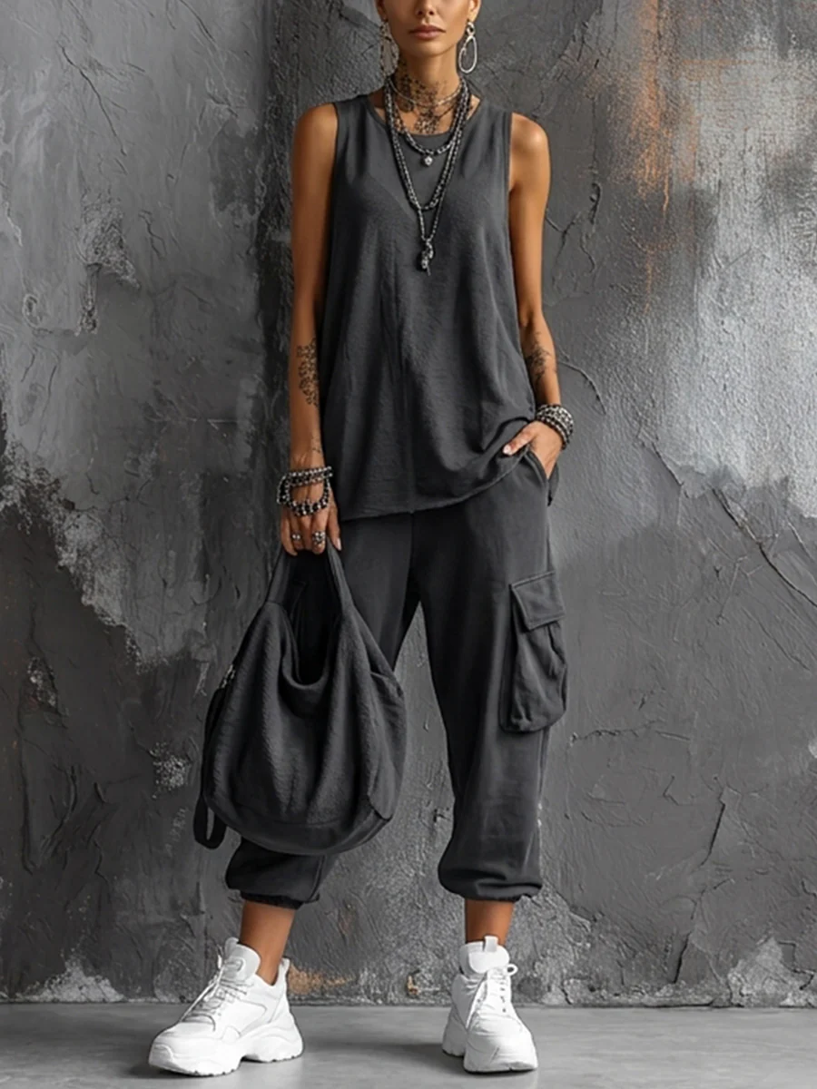 Dark Gray Casual Vest and Jogger Cargo Pants Set