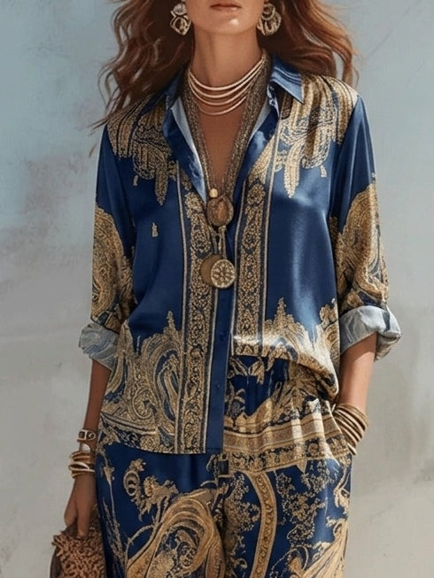 Baroque Print Shirt in Navy Blue and Wide Leg Pants Set