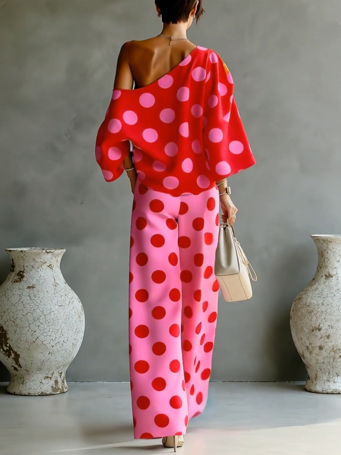 Retro Pink Polka Dot Crop Top with Wide Leg Pants
