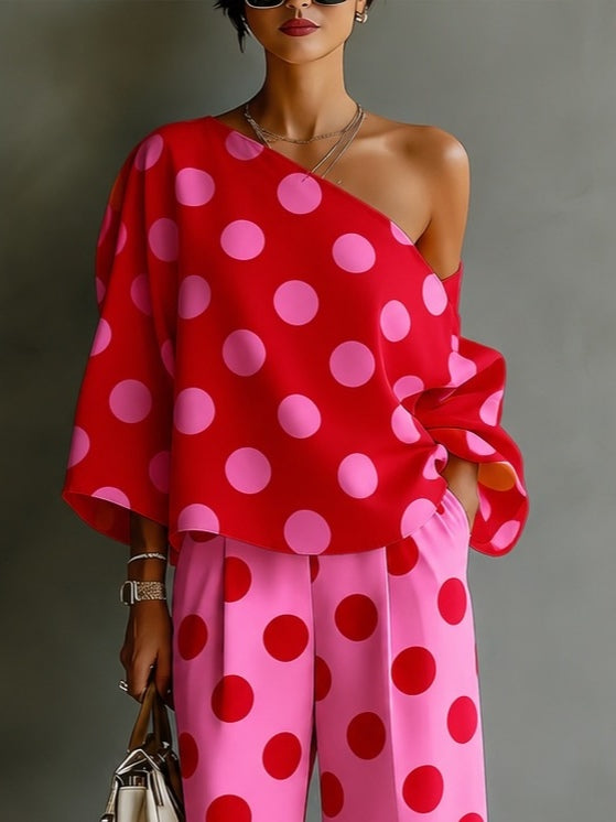 Retro Pink Polka Dot Crop Top with Wide Leg Pants