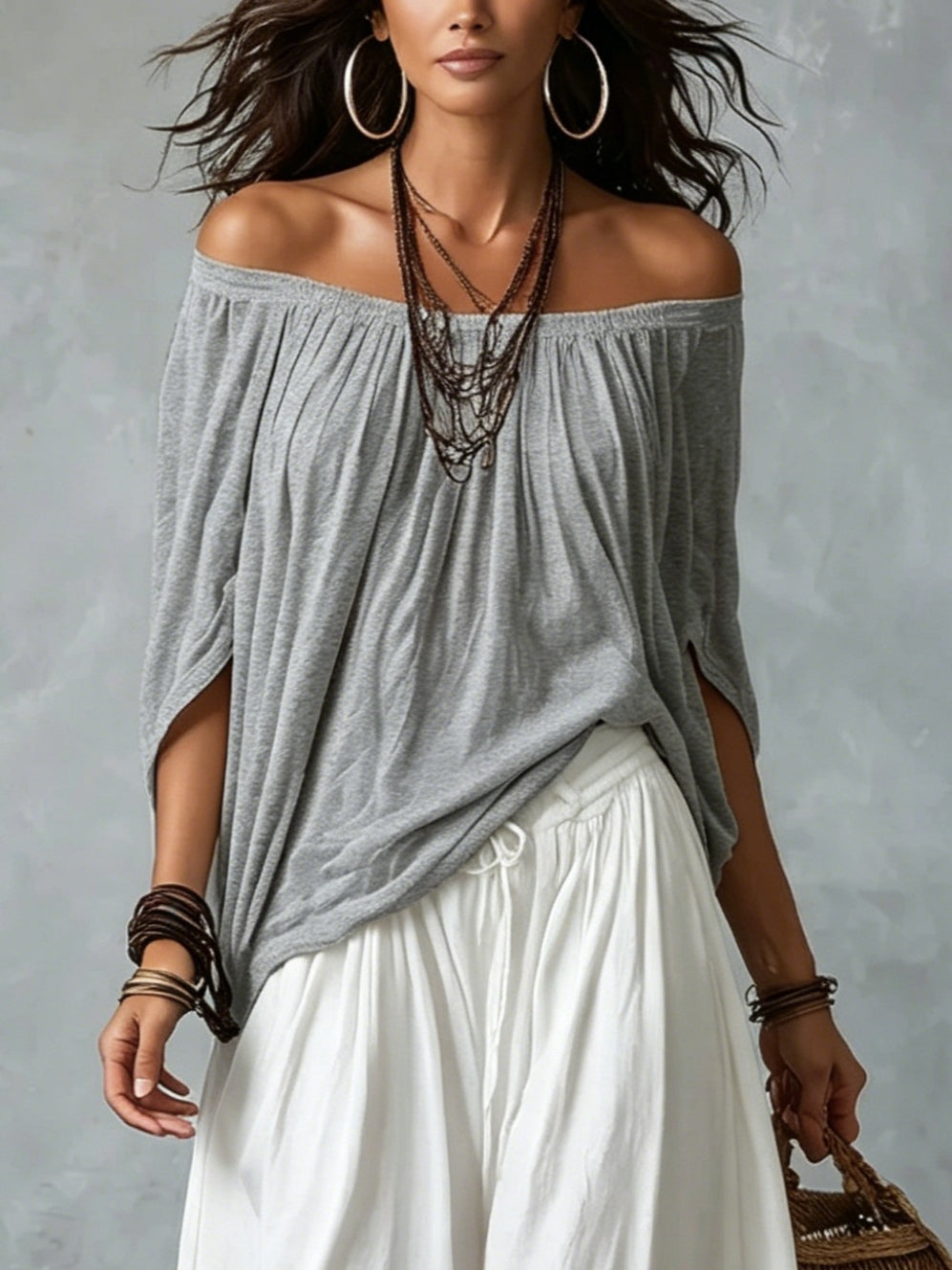 Gray Off-shoulder Top and Loose White Lantern Pants
