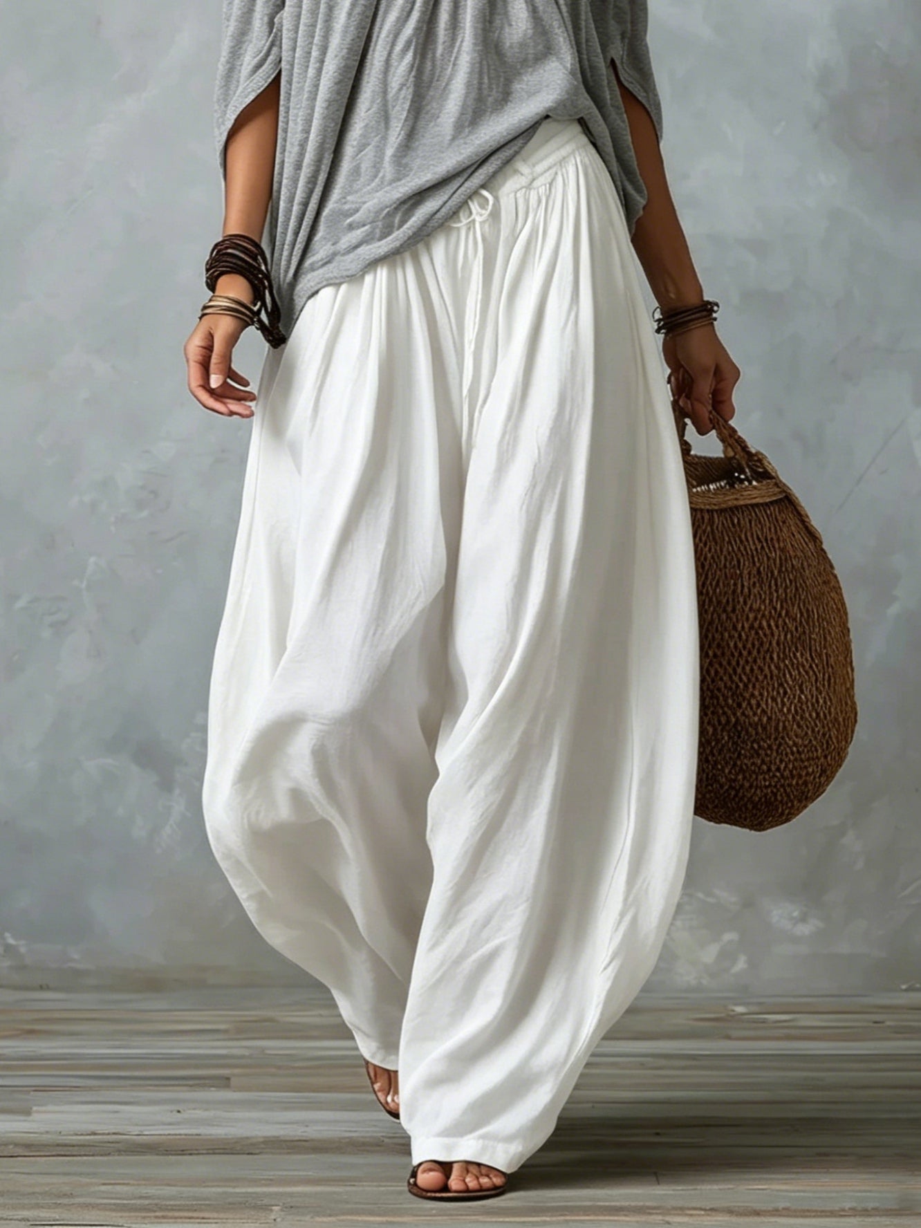 Gray Off-shoulder Top and Loose White Lantern Pants