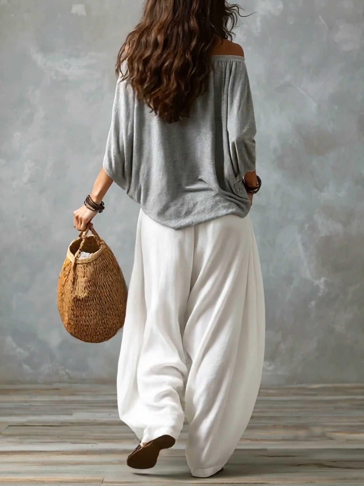 Gray Off-shoulder Top and Loose White Lantern Pants