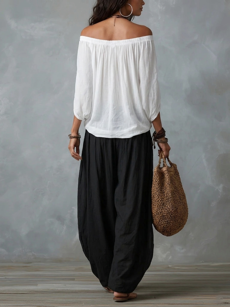 White Off-the-Shoulder Top and Loose Lantern Pants Set