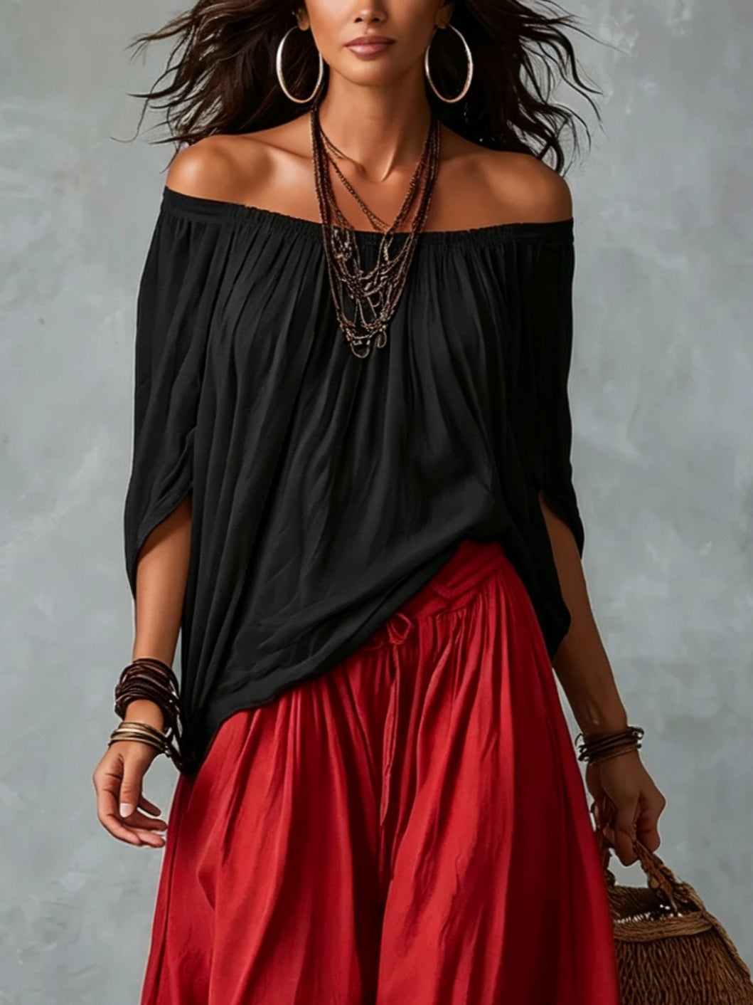 Black Off-Shoulder Top and Loose Red Lantern Pants