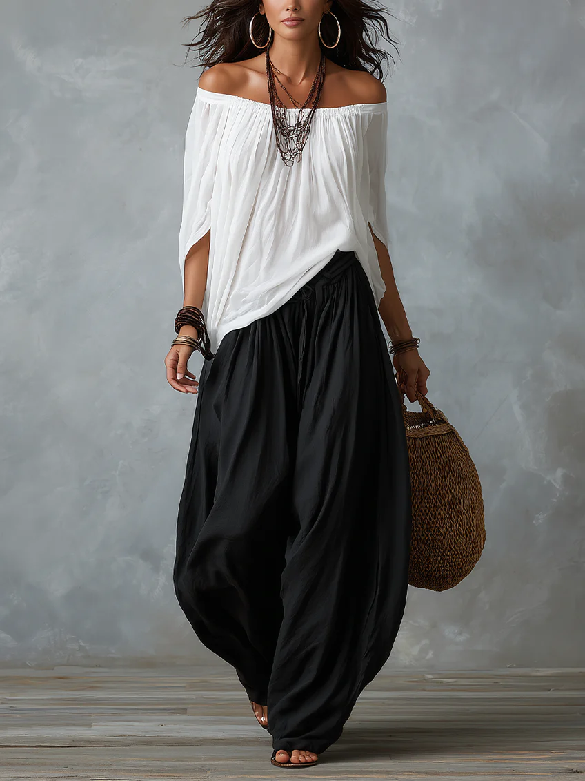White Off-the-Shoulder Top and Loose Lantern Pants Set