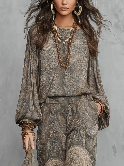 Top of Gray Paisley Pattern Lantern with Wide Leg Pants