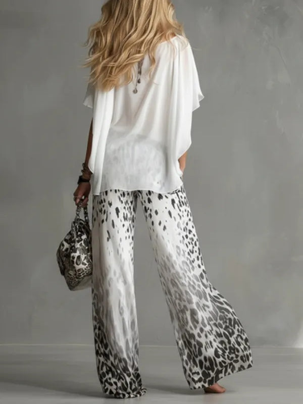 Fluid white t-shirt and chiffon pants set with leopard print