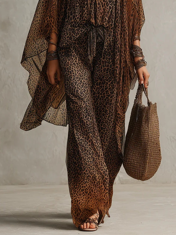 Flowing Leopard Print with Bohemian Gradient - Three-Piece Set