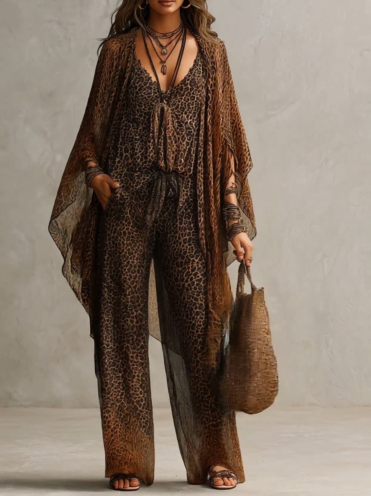 Flowing Leopard Print with Bohemian Gradient - Three-Piece Set
