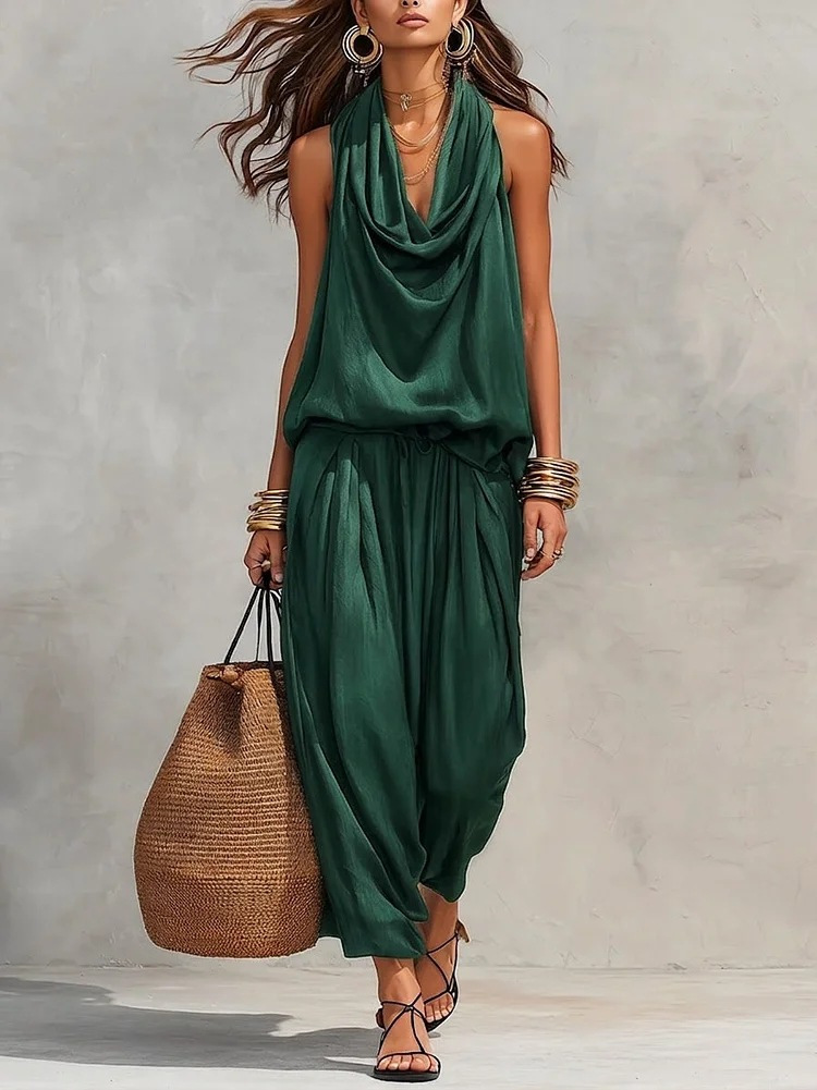 Sleeveless Halter Neck Top and Pleated Pants Set