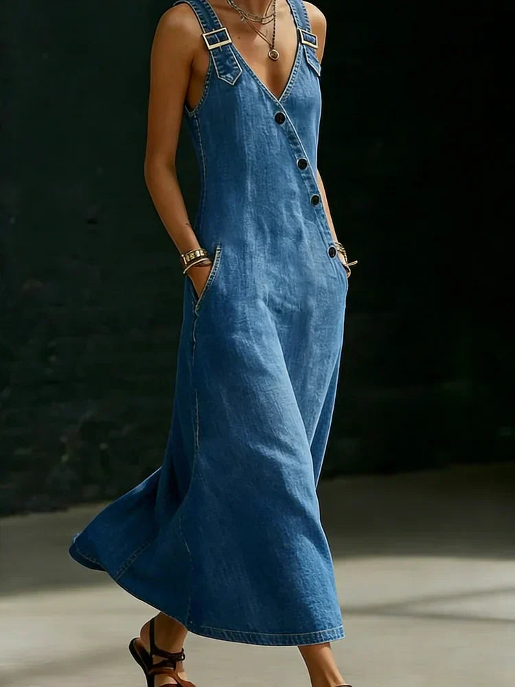 VERA | BUTTON-FRONT MAXI DENIM DRESS FOR WOMEN