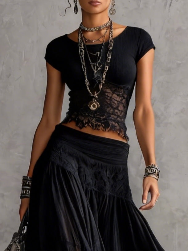 Black Transparent Lace Top and Pleated Maxi Skirt Set