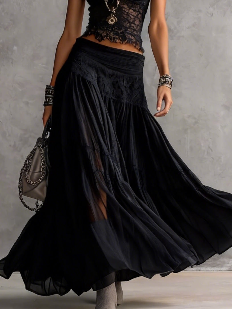 Black Transparent Lace Top and Pleated Maxi Skirt Set
