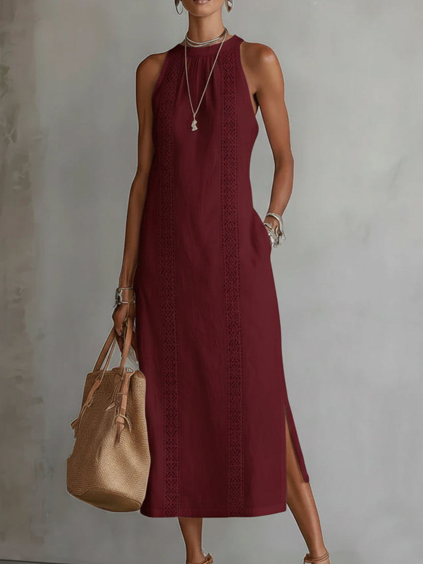 JIMENA - EMBROIDERED MANDARIN COLLAR MIDI DRESS