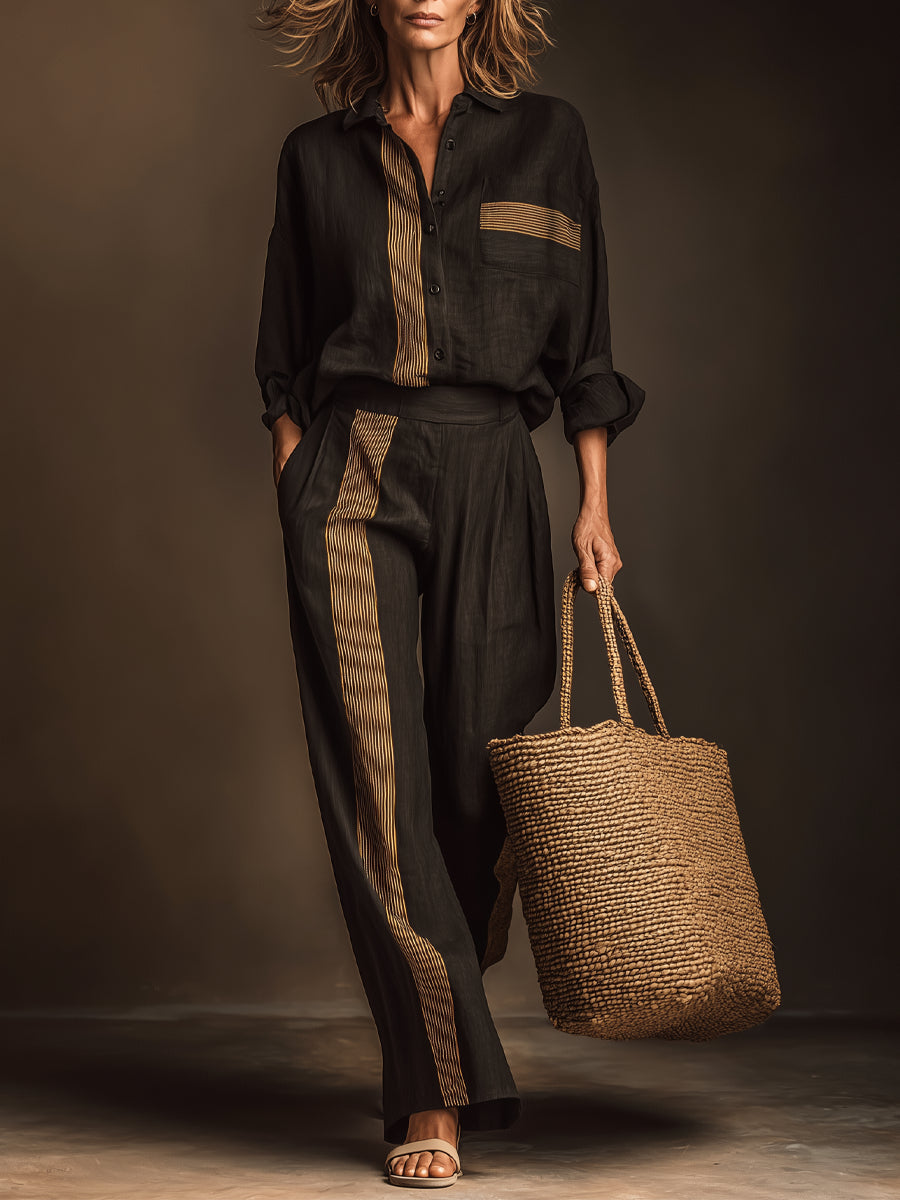 Retro Casual Striped Two-Piece Set with Color Blocks