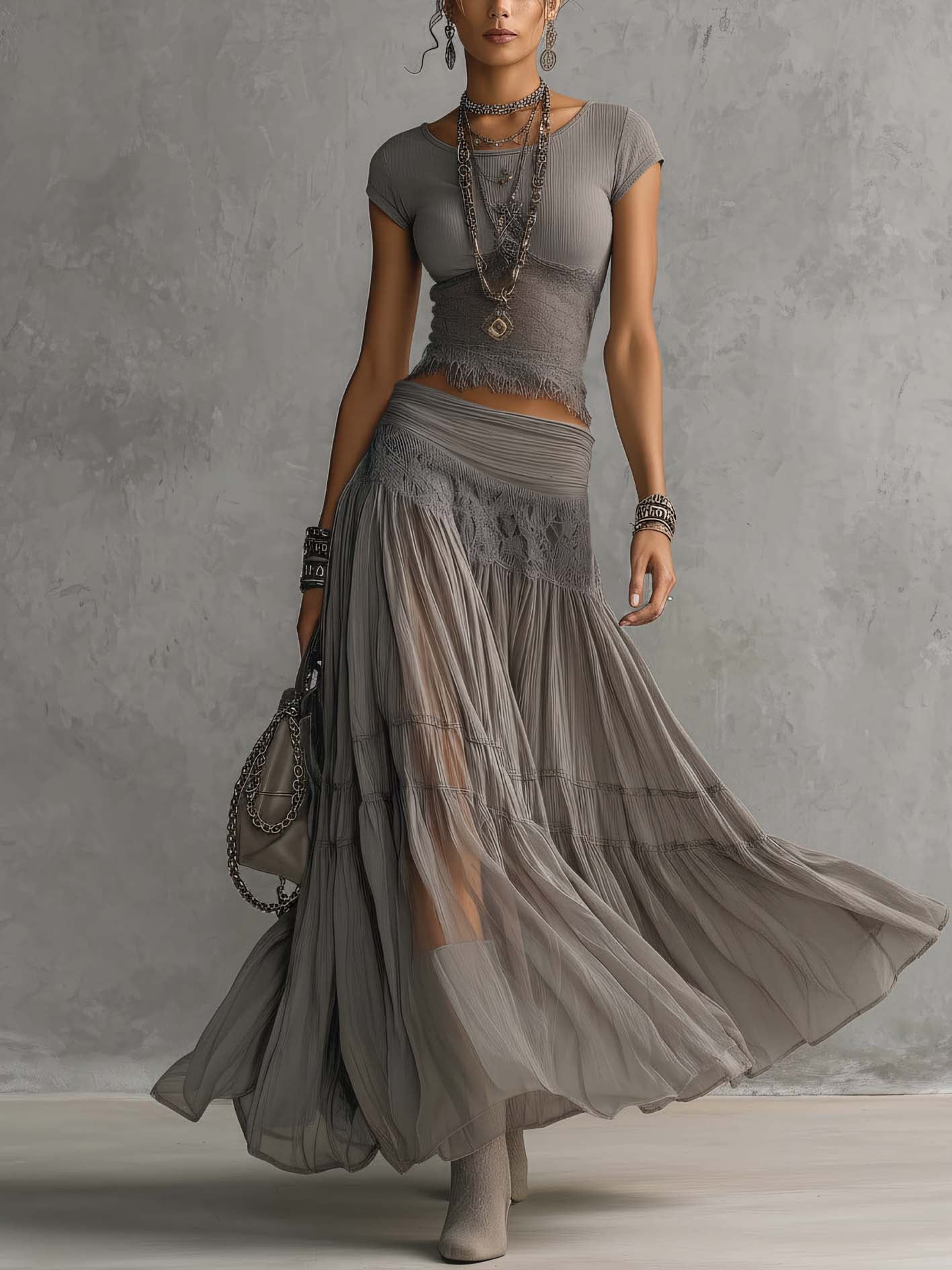 Gray Sheer Lace Top and Pleated Maxi Skirt Set