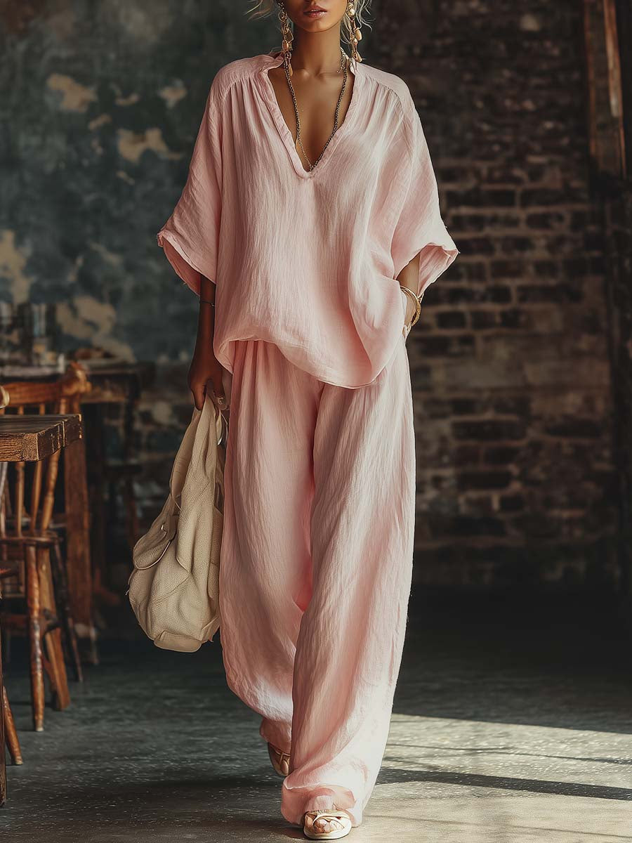 Casual Pink Shirt Set with V-Neck and Pants