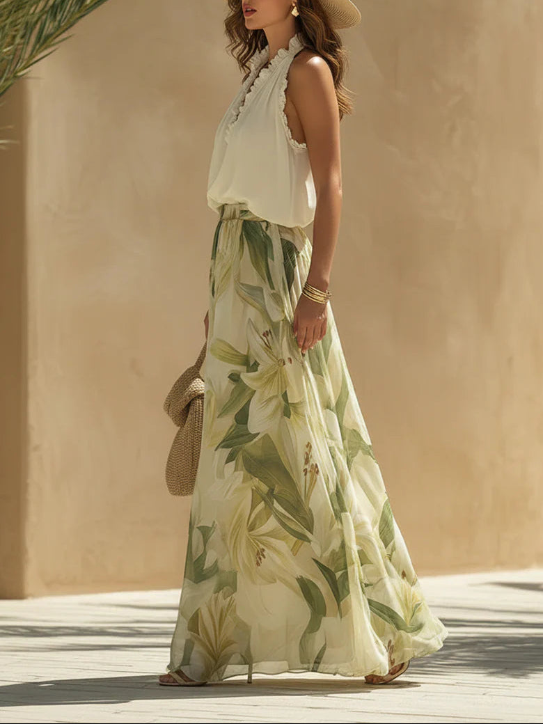 Chiffon Ruffle Sleeveless Top Set with Lily Print Pants