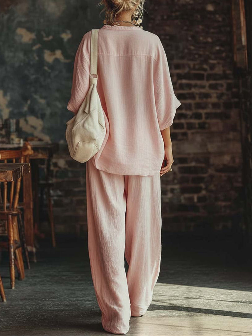Casual Pink Shirt Set with V-Neck and Pants