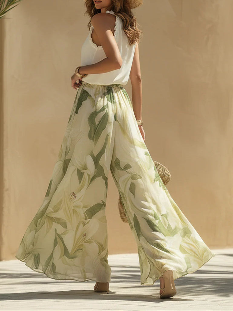 Chiffon Ruffle Sleeveless Top Set with Lily Print Pants
