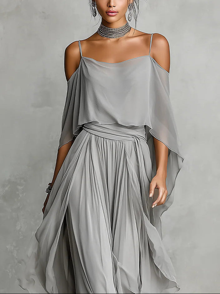 Off-Shoulder Blouse and Gray Chiffon Pants Set