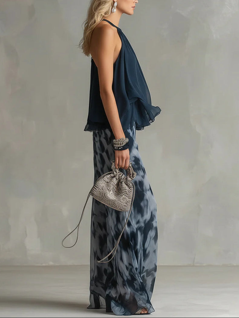 Navy Blue Chiffon Halter Top Set with Printed Wide Leg Pants